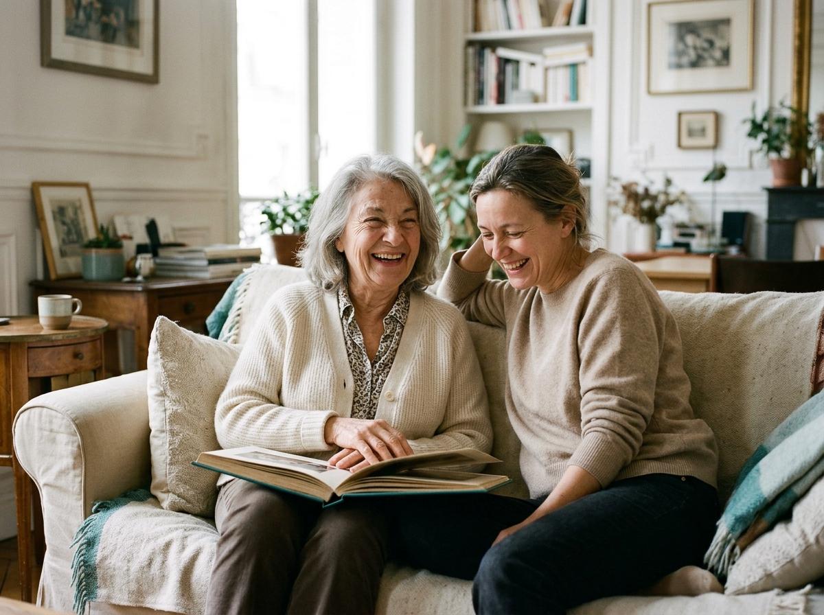 Une grand-mère et sa fille rient ensemble en feuilletant son livre souvenir