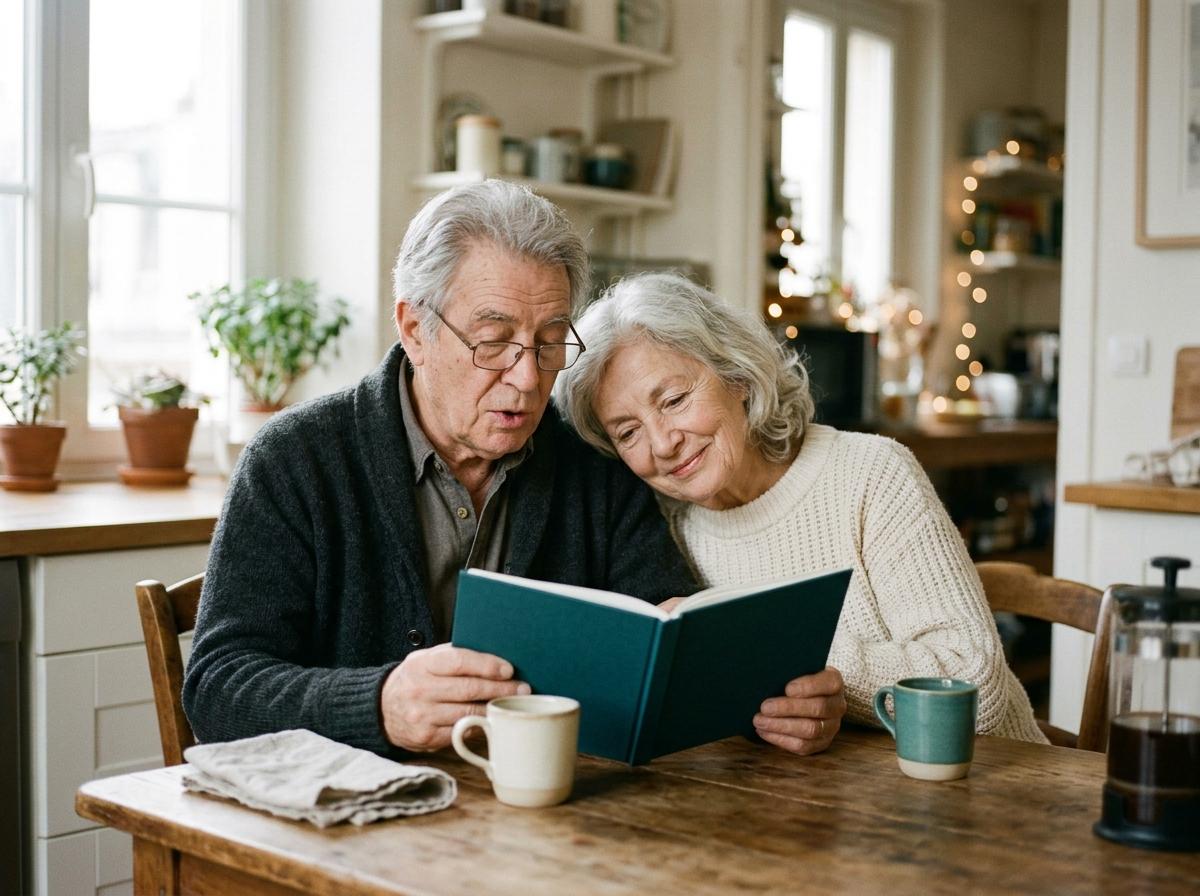 Un couple de grands-parents lit ensemble leur livre souvenir, tête contre tête