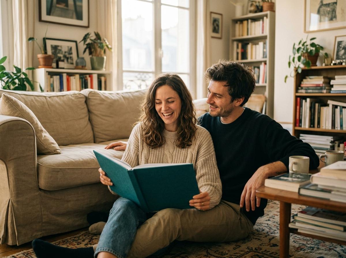 Un couple sourit en lisant ensemble leur livre souvenir