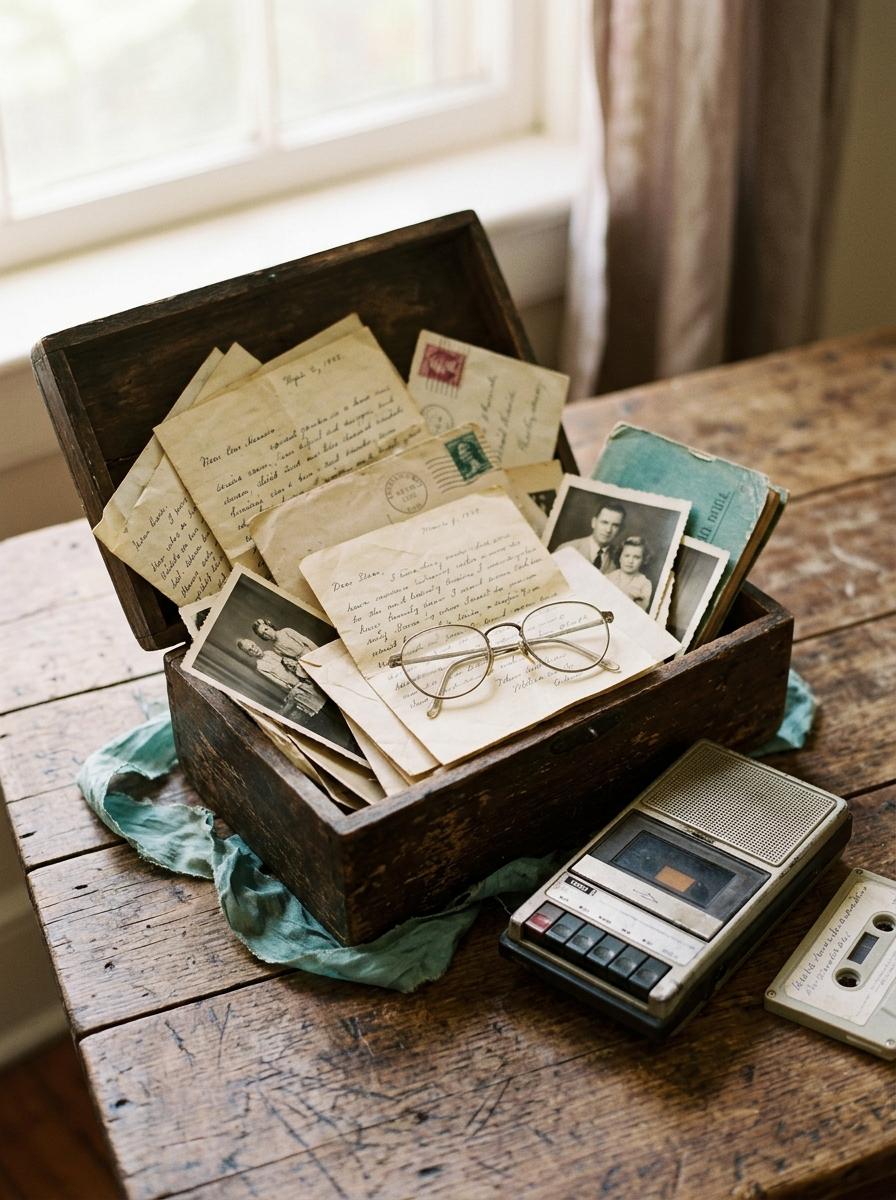 Une boîte de vieilles photos de famille et de lettres, à côté d'un vieux magnétophone