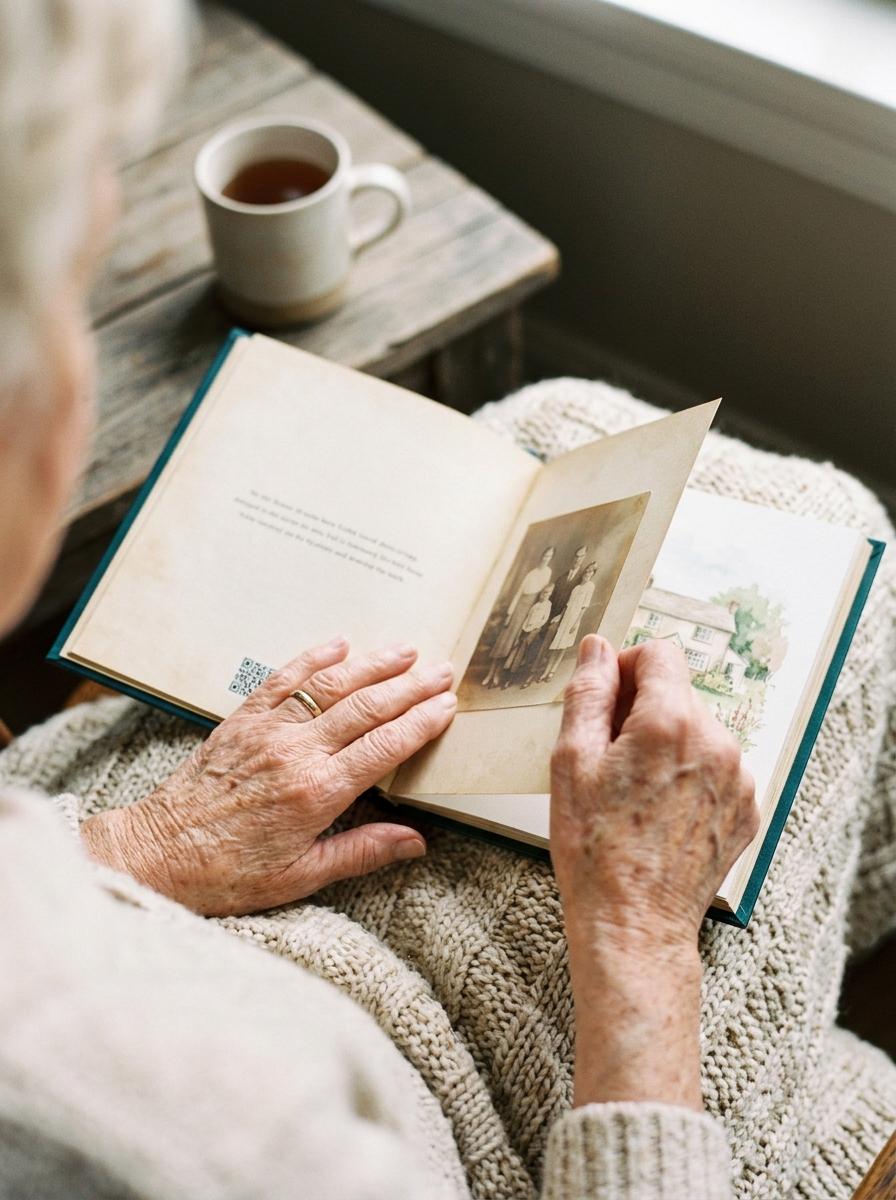 Des mains tournent les pages d'un livre souvenir illustré